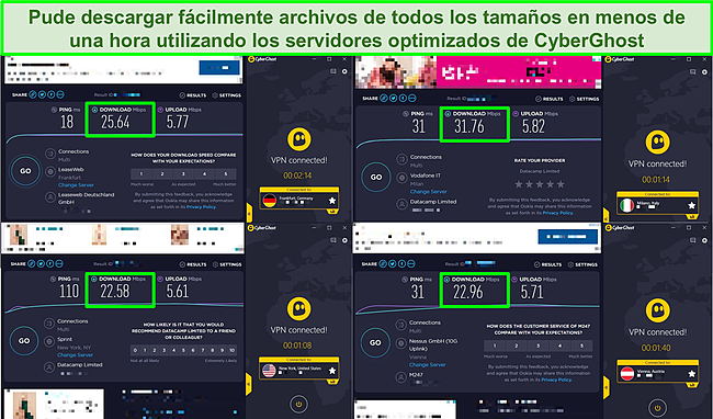 Captura de pantalla de 4 pruebas de velocidad utilizando los servidores optimizados de CyberGhost