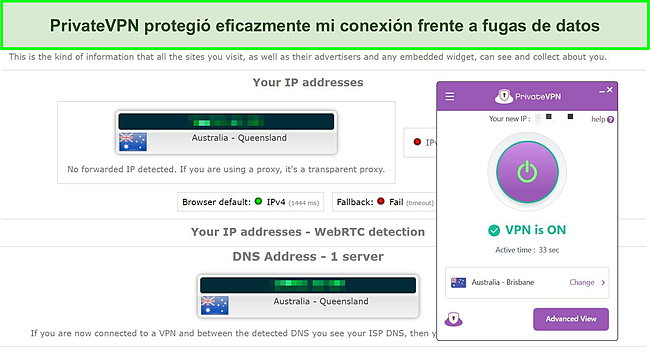 Captura de pantalla de una prueba de fugas de DNS en el servidor PrivateVPN