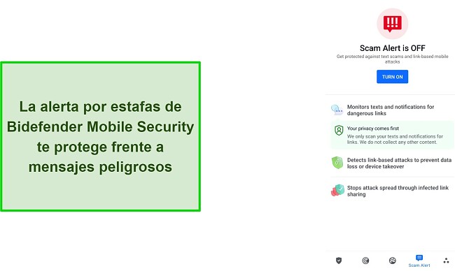 Captura de pantalla de la función de alerta de estafas de Bitdefender Mobile Security