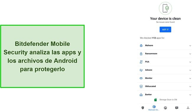 Captura de pantalla de los resultados del escaneo de seguridad móvil de Bitdefender