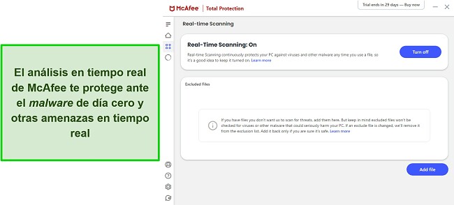 Revizuire antivirus McAfee care afișează meniul de scanare în timp real în limba engleză.