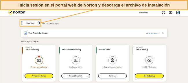 Captura de pantalla que muestra cómo descargar la configuración de Norton desde el portal web
