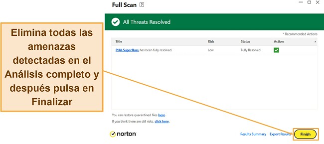 Captura de pantalla que muestra cómo finalizar el análisis completo de Norton