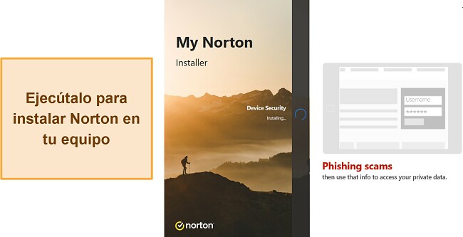 Captura de pantalla que muestra la instalación de Norton en progreso en Windows