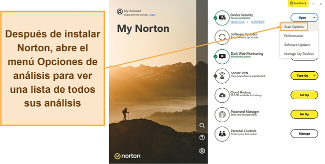 Captura de pantalla que muestra cómo acceder al menú Opciones de escaneo de Norton