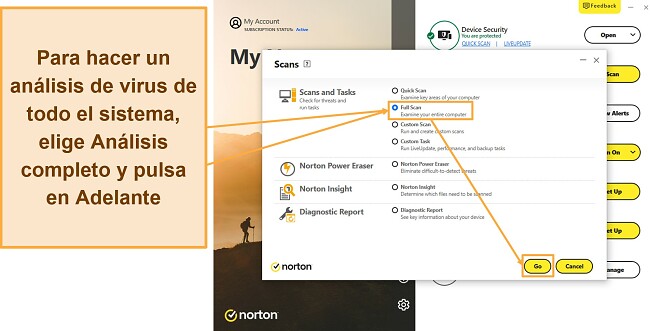 Captura de pantalla que muestra cómo iniciar el análisis completo de Norton