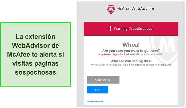 Captura de pantalla de la interfaz de la extensión del navegador McAfee WebAdvisor.