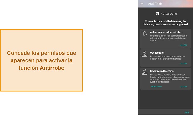 Captura de pantalla de los permisos de antirrobo de Panda Dome