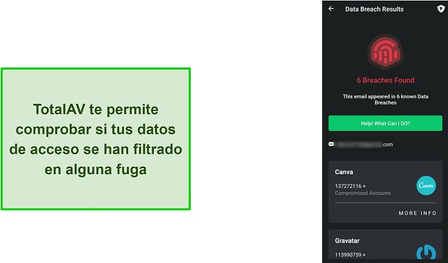 Captura de pantalla de la verificación de brecha de datos de TotalAV