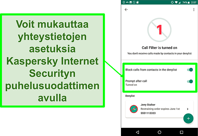 Näyttökuva Kaspersky Internet Securityn puhelusuodatintoiminnosta Android-mobiililaitteessa