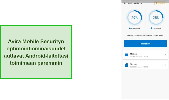 Kuvakaappaus Avira Mobile Security -sovelluksen optimointiominaisuuksista