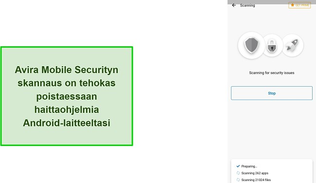 Kuvakaappaus Avira Mobile Security -sovelluksen virustarkistuksesta