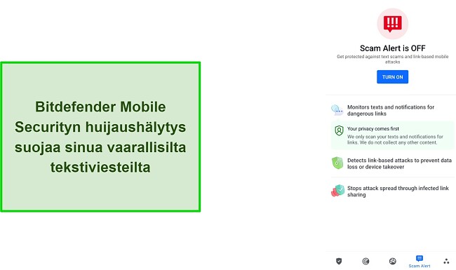 Kuvakaappaus Bitdefender Mobile Securityn huijausvaroitusominaisuudesta