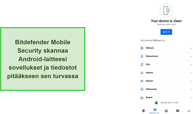Kuvakaappaus Bitdefender Mobile Securityn skannauksen tuloksista