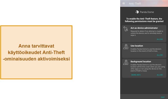 Kuvakaappaus Pandan Dome -sovelluksen varkaudenestoon liittyvistä käyttöoikeuksista