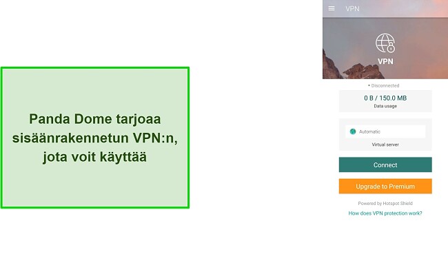 Kuvakaappaus Pandan Dome -sovelluksen sisäänrakennetusta VPN:stä
