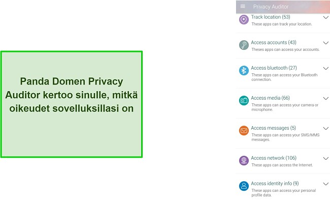 Kuvakaappaus Pandan Dome -sovelluksen yksityisyyden tarkastajasta