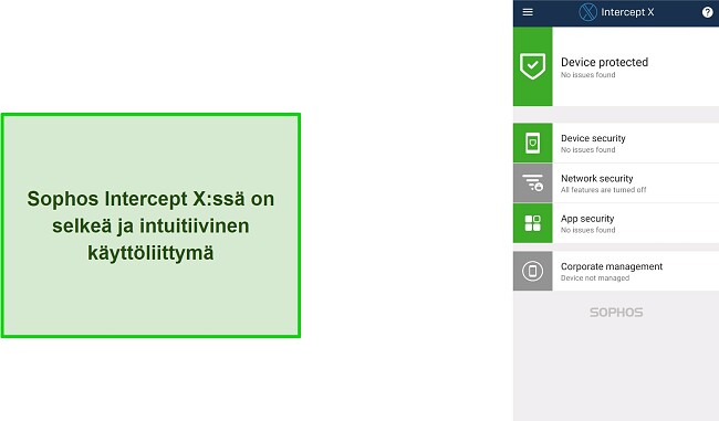 Kuvakaappaus Sophos Intercept X -sovelluksen intuitiivisesta käyttöliittymästä
