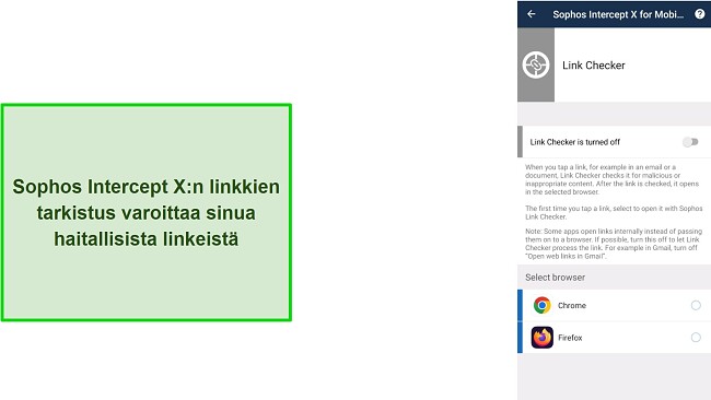 Kuvakaappaus Sophos Intercept X -sovelluksen linkkitarkistimesta