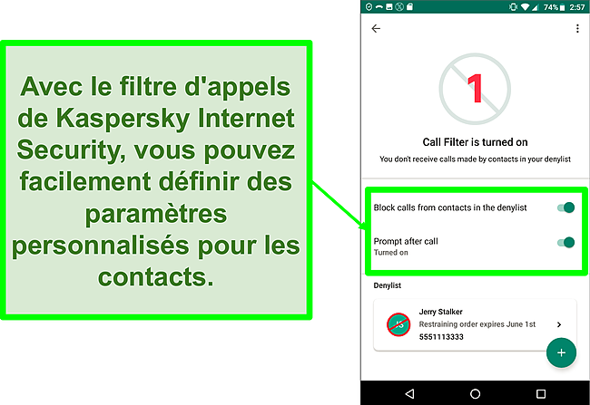 Capture d'écran de la fonction Filtre d'appel de Kaspersky Internet Security sur un appareil mobile Android