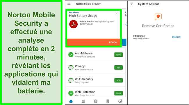 Capture d'écran d'une analyse sur Android à l'aide de Norton Mobile Security