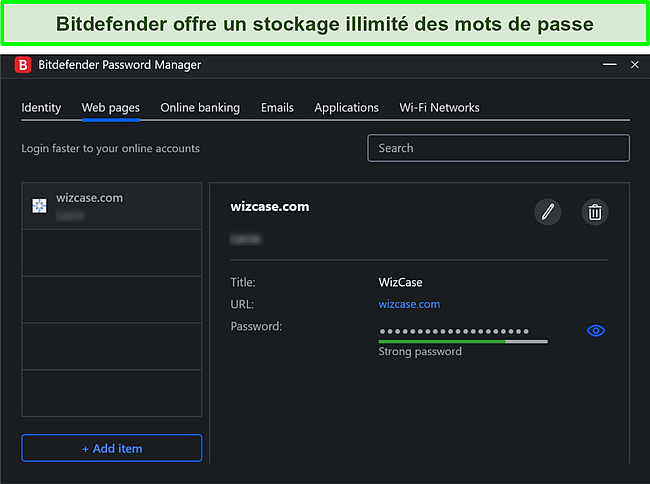 Capture d'écran du gestionnaire de mots de passe de Bitdefender.