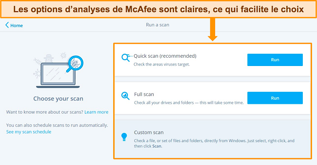 Capture d'écran des options d'analyse de McAfee sur son application Windows.