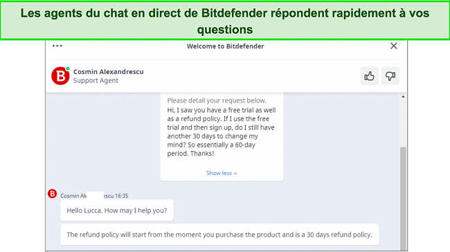 Capture d'écran du support de chat en direct de Bitdefender