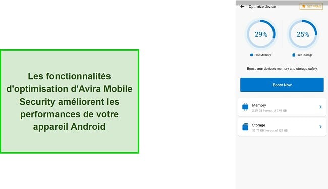 Capture d'écran des fonctionnalités d'optimisation d'Avira Mobile Security