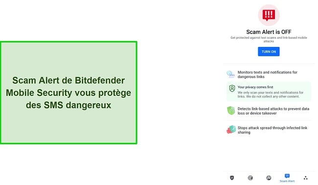 Capture d'écran de la fonction d'alerte aux arnaques de Bitdefender Mobile Security