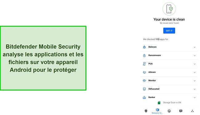 Capture d'écran des résultats de l'analyse de sécurité mobile de Bitdefender