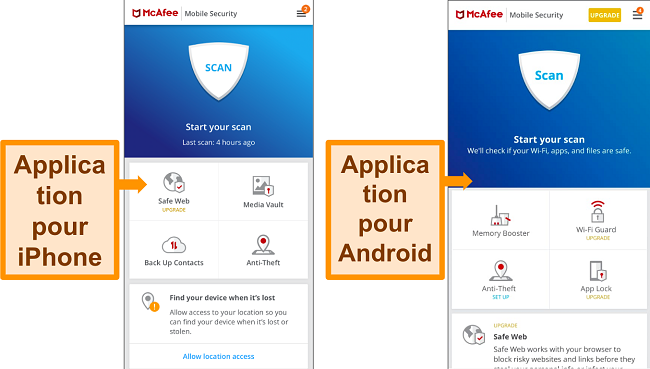 Capture d'écran de l'application Android et iOS de McAfee