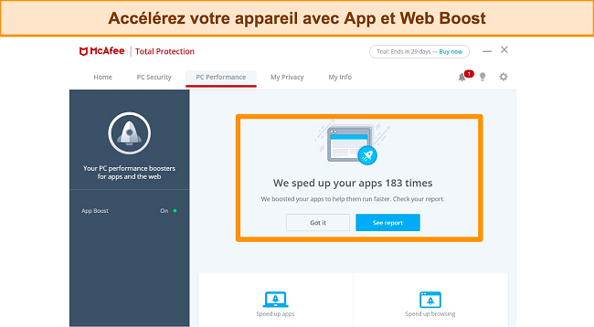 Capture d'écran de la fonctionnalité App and Web Boost de McAfee