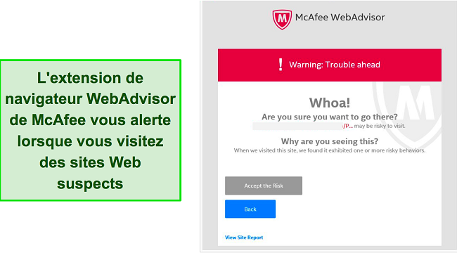 Capture d'écran de McAfee WebAdvisor bloquant les menaces