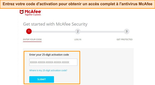 Capture d'écran de la page d'activation de l'application McAfee