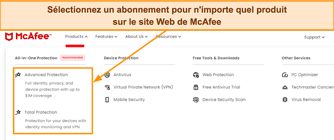Capture d'écran des plans d'abonnement premium de McAfee