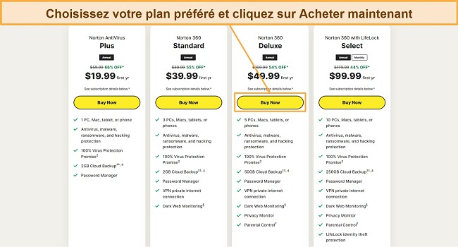 Capture d'écran montrant comment choisir l'un des forfaits Norton
