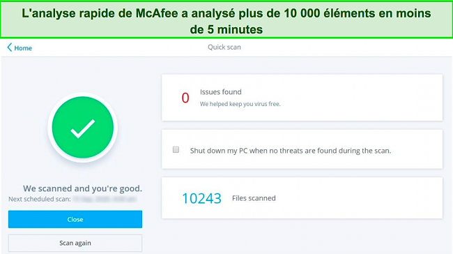 résultats du test d'analyse rapide McAfee