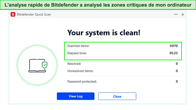 Capture d'écran du résultat de l'analyse rapide de Bitdefender