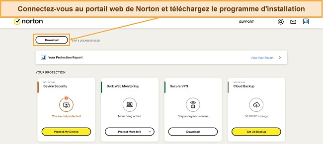 Capture d'écran montrant comment télécharger la configuration de Norton à partir du portail Web