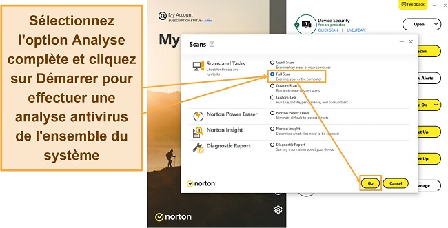 Capture d'écran montrant comment démarrer l'analyse complète de Norton