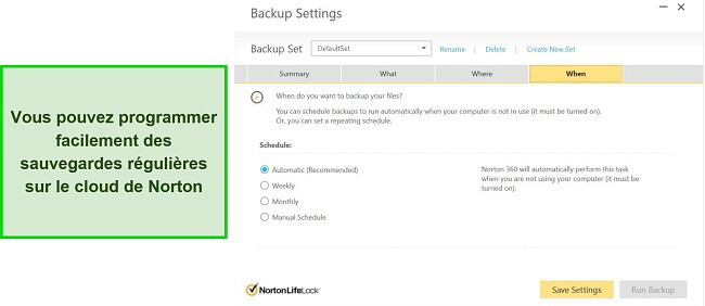 Capture d'écran du stockage cloud Norton