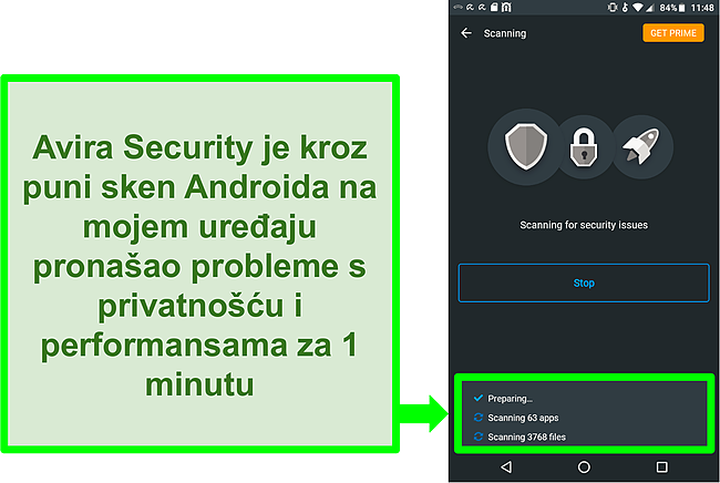 Snimka zaslona skeniranja napretka korištenjem Avira Security besplatno za Android