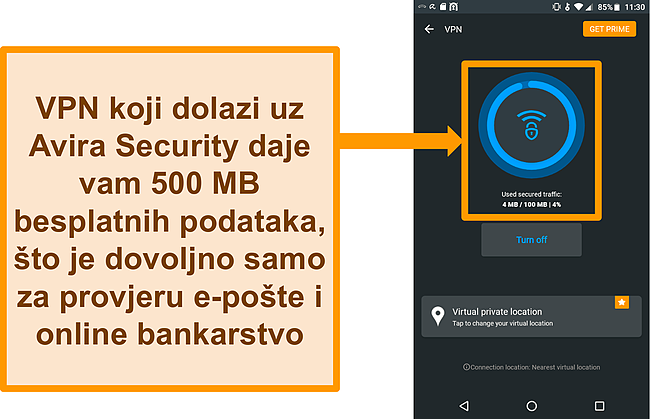 Snimka zaslona povezanog besplatnog Android VPN-a tvrtke Avira Security