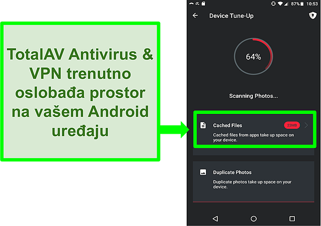 Snimka zaslona funkcije čišćenja uređaja u TotalAV Antivirus i VPN za Android