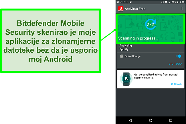 Snimka zaslona besplatne verzije Bitdefender Mobile Security koja skenira Android mobilni uređaj