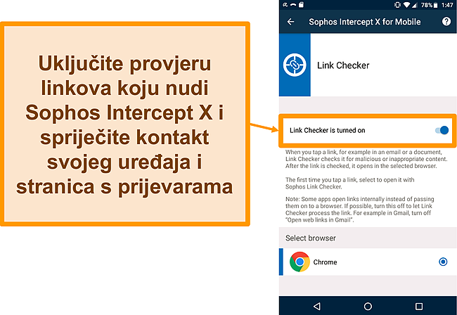 Snimka zaslona provjere veza na besplatnoj Android aplikaciji Sophos Intercept X