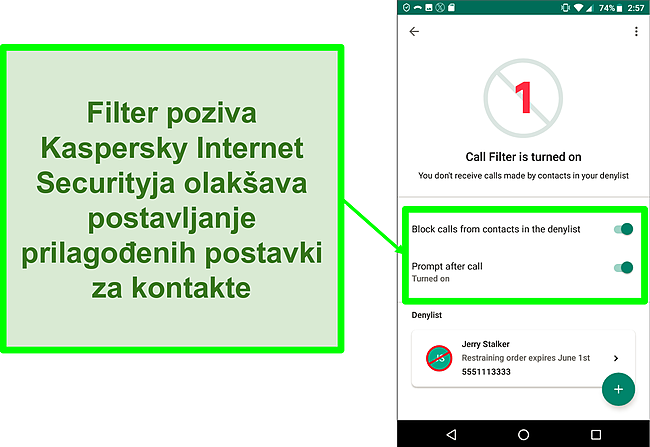 Snimka zaslona funkcije filtra poziva tvrtke Kaspersky Internet Security na Android mobilnom uređaju