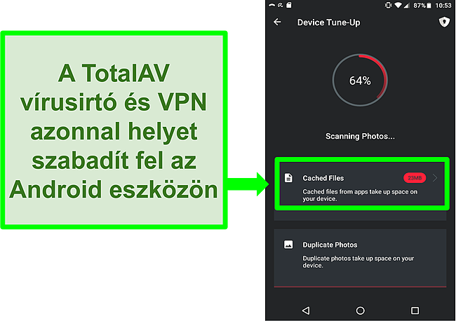 Pillanatkép a TotalAV Antivirus és az Android VPN eszköztisztító funkcióiról