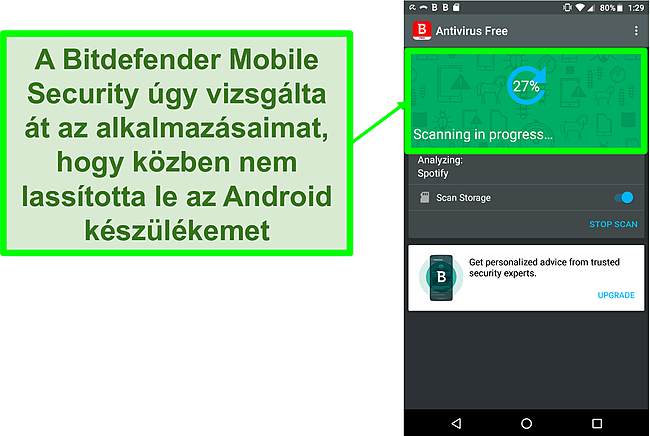 Pillanatkép a Bitdefender Mobile Security ingyenes verziójáról, amely Android mobil eszközt vizsgál